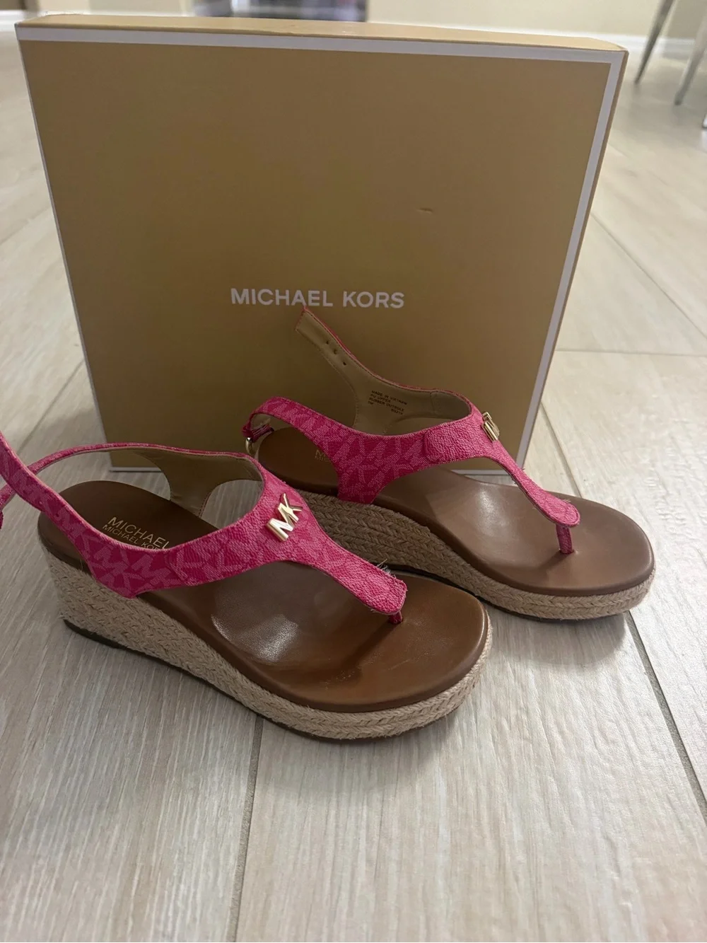 Michael Kors Pink Logo Wedge Thong Sandals